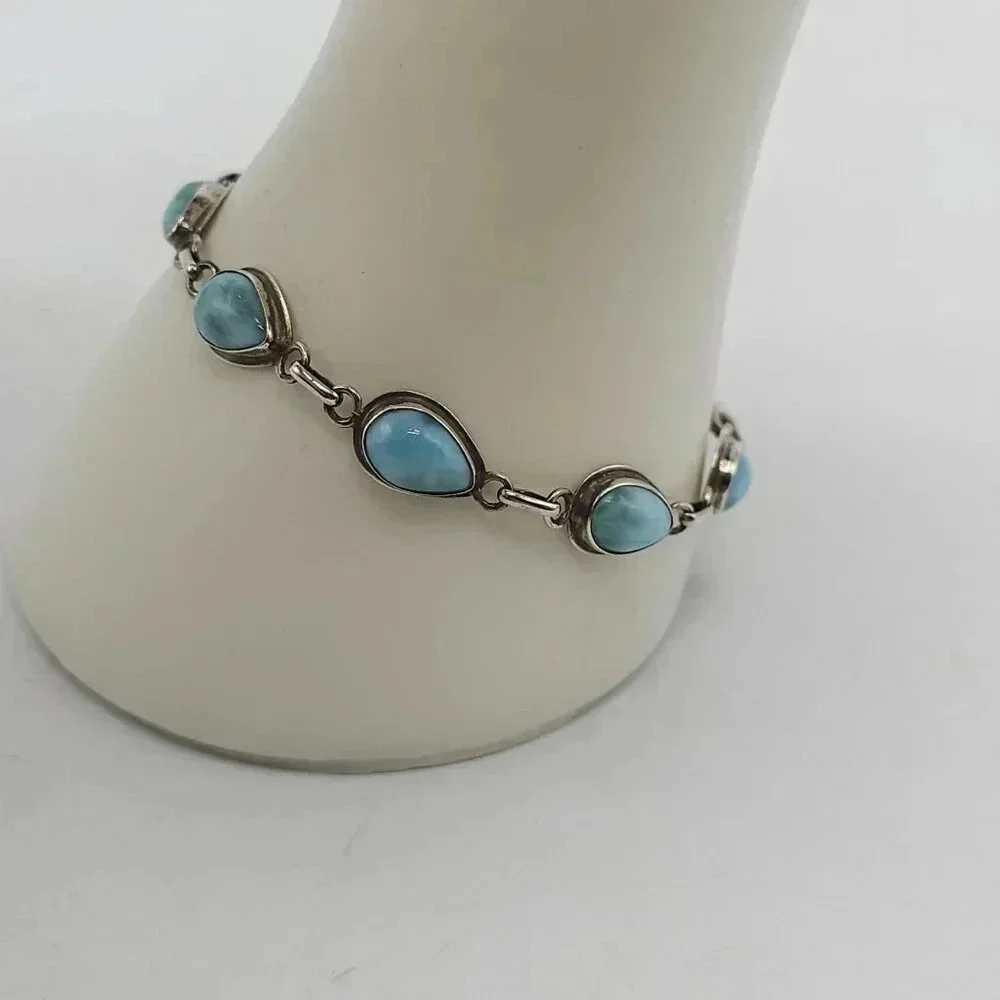 Sterling Silver Blue Larimar Tear Drop Chain Bracelet 7.5 in 10.62g
